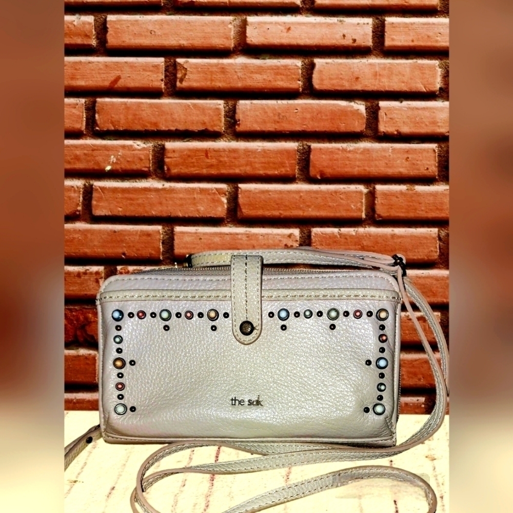The Sak Light Beige Crossbody Wallet with Multicolor Studs
